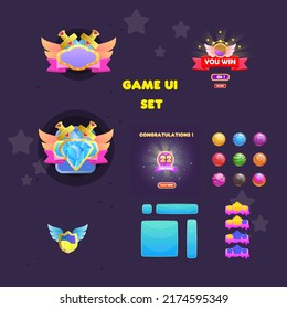 Juego UI Configurar Pop Up Winner Badwards Reward And BuBotones , Iconos Cute Colorful Cartoon Vector Diseño