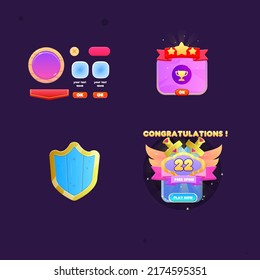 Game UI Set Pop Up Winner Badge Reward And Buttons , Icons Cute Colorful Cartoon Vector Design