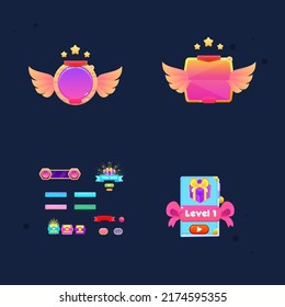 Game UI Set Pop Up Winner Badges Reward And Buttons , Different Icons Cute Colorful Cartoon Vector Design