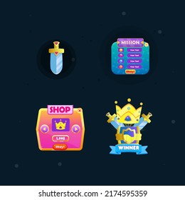 Game UI Set Pop Up Winner Badge King Reward , Icons Cute Colorful Cartoon Vector Design