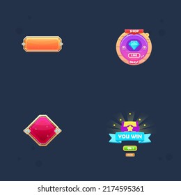 Game UI Set Pop Up Winner Badge Reward And Fantasy Buttons , Icons Cute Colorful Cartoon Vector Design