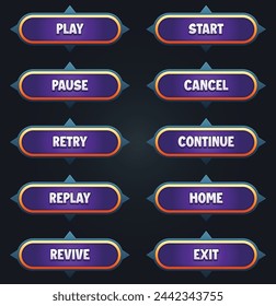 Juego ui conjunto de botones púrpura con gui de efecto de texto editable para construir juegos 2d juego botones de juego kit
