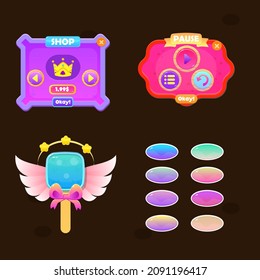 Juego UI Configurar Purple Pop Up Ventana Ver Crown , Red Pause Pop Up , Wings Badge Frame, Oval Buttons Vector Design