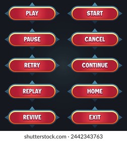 Juego ui conjunto de botones rojos con gui de efecto de texto editable para construir juegos 2d juego botones de juego kit