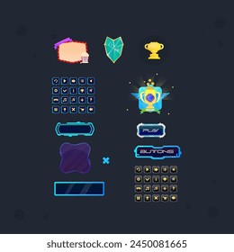 Game UI Set Of Sci Fi Buttons Pop Ups Awards Achievements Golden Cup Pop Corn Banner Vector Design
