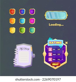 Game UI Set Of Shields Icons ,  Gem Loading Bar , My Diary Open Note Book, pop Up Rating Vector Design