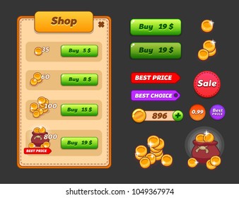 Game ui set. Sop popup with a set of coins. Sale tags, progress bar. Complete menu of graphical user interface GUI to build 2D games. Casual Game. Vector. Can be used in mobile or web games.