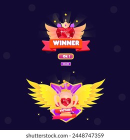 Game UI  Set Victory Badge And You Win Pop Up Badge Gold Stars , Wings Crown Crystals Gem Heart  And Red Ribbon For Games Cute Cartoon Style Vector Design