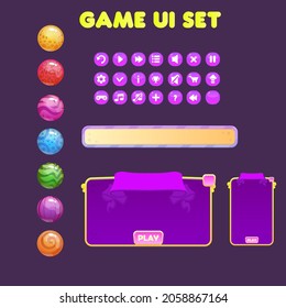 Juego UI Ventana Juego Púrpura Con Cabeceras De Jugo Rosado Con Barra Púrpura Y Planetas Burbujas En Distintos Colores Botones Cuadros Diseño Del Vector De Dibujo