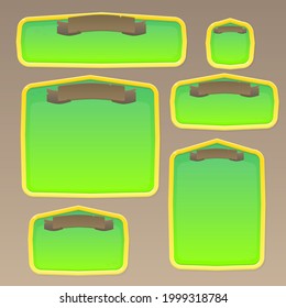 Game UI Set Of Windows And Buttons In  Cartoon Cute Colorful Green Forest Nature Gold  Royal Kingdom Style Vector Design