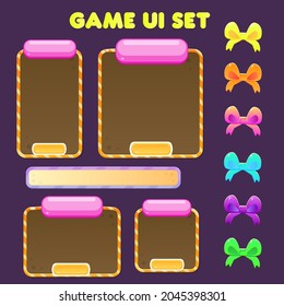 Game UI Set Windows Orange With Pink Juicy Headers With Purple Bar And Bows In Different Colors Cute Cartoon Vector Design