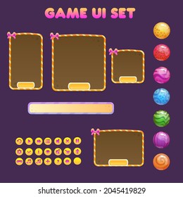 Game UI Set Windows Orange With Pink Juicy Bows With Purple Bar And Bubbles In Different Colors Cute Cartoon Vector Design
