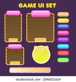 Game UI Set Windows Orange With Pink Juicy Headers With Purple Bar And Cat Stye Rounded Window Buttons In Different Colors Cute Cartoon Vector Design 