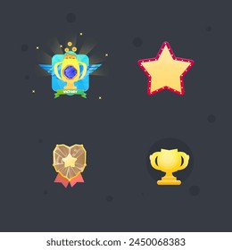 Game Ui Set Of Winner Awards Blue Badge Star Brown Medal Golden Win Cup Vector Design