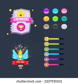 Game Ui Set Winner pop Up , Drops ,  You Win Pop Up Badge , Coin Bar Set, Cute colorful Vector Design