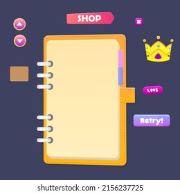 Game UI Set Wooden Buttons Note Book Pop Up Shop Bookmark Close Button Crown Icon Oval And Rectangle Cartoon Cute Colorful Vector Design