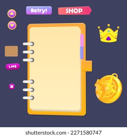 Game UI Set Wooden Buttons Note Book Pop Up Shop Bookmark Close Button Crown Compass Icon Oval And Rectangle Cartoon Cute Colorful Vector Design