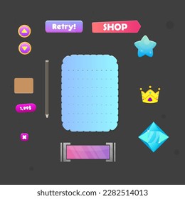 Game UI Set Wooden Buttons Sheet For School Or Office Shop Bookmark Close Button Crown Gem Icon Oval And Rectangle Cartoon Cute Colorful Vector Design