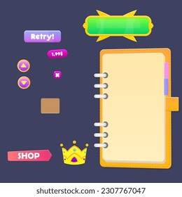 Game UI Set Holzkreislauf-Tasten und Grüner Knopf Briefmarken Shop Lesezeichen Kronensymbol Oval und Rectangle Cartoon Cute farbiges Vektordesign