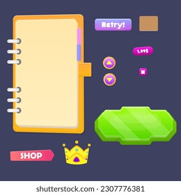 Juego UI Configurar Botones Círculo De Madera Y Botón Verde Futurista Nota Libro Pop Up Ver Marcador Cerrar Botón Crown Icono Oval Y Rectángulo Dibujo Cuto Colorido Vector Diseño