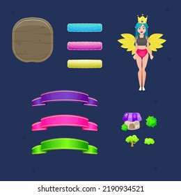 Game UI Set Wooden Pop Up, Bubbles Buttons , Glamour Ribbons , Plants And House Icons , Fairy Elf Character , Cute Cartoon Vector Design