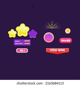 Game UI Set Wooden Rounded Pop Up Window You Win Red Flag Header  Cute Cartoon Colorful Pink Purple Vector Design