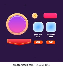 Game UI Set Wooden Rounded Pop Up Window With Blue Windows And Two Items Red Flag Header  Cute Cartoon Colorful Pink Purple Vector Design