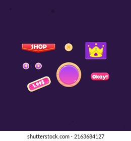 Game UI Set Holz Rundholz Up Window Shop Kronen Preis rote Flag Kopfhörer Cute Cartoon Farbrosa violettes Vektordesign