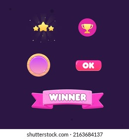 Game UI Set Wooden Rounded Pop Up Window Pink Header Ribbon Winner Cute Cartoon Colorful Pink Purple Vector Design