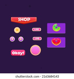 Game UI Set Wooden Rounded Pop Up Window Shop Double Donuts Price Red Flag Header  Cute Cartoon Colorful Pink Purple Vector Design