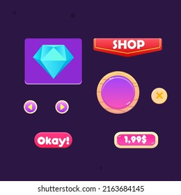 Game UI Set  Wooden Rounded Pop Up Window Shop Diamond Price Red Flag Header  Cute Cartoon Colorful Pink Purple Vector Design
