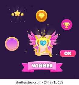 Juego UI Set Pop redondeado de madera de la ventana de la moneda de la cinta de la cabecera rosada Winner Lindo dibujo animado colorido rosa púrpura Victory Badge Diseño de Vector