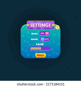 Game UI Settings Blue Turquoise Marine Sea Bubbles  Abstract Cute Cartoon Colorful Bright Pop Up Window Purple Gem Header Vector Design