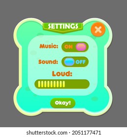 Game UI Settings Button Window Pop Up Green Leaf Clover Nature Wood Farm With Header And Buttons  For Gasual Games Vector Design