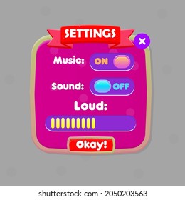 Game UI  Settings Pop Up Window Gold Frames Burgundy Circles With Header And Buttons Vintage Cartoon For Games Cute Cartoon Style Vector Design