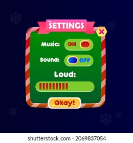 Game UI Settings  Pop Up Window Christmas Snowflakes Pattern Green And Red Borders Winter Holidays Style Cartoon Vector Design