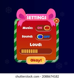 Game UI  Settings Pop Up Window Christmas Snowflakes Pattern Red And  Green Borders Bow Header Winter Holidays Style Cartoon Vector Design