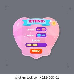 Game UI Settings Popup Window With Ribbon Header In Pink Heart Romantic  Fairy Abstract  Color Juicy Colorful Vector Design
