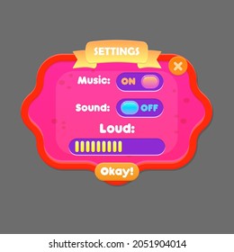 Game UI Settings  Window Pop Up With Header And Buttons  Red Blot Stain  Cute Cartoon  Juice Berries Farm For Casual Games Vector Design