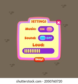 Game  UI Settings Window Purple Pink Yellow Colorful Cartoon Vector Design