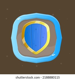 Game UI Shield Icon For RPG Games Golden Yellow Blue Colors In Blue Frame Cute Colorful Cartoon Vector Design