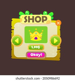 Game UI Shop Crown Price Pop Up Window Stone Age  With Buttons Wood Grass Nature Beige Orange  Cute Cartoon Style Vector Design