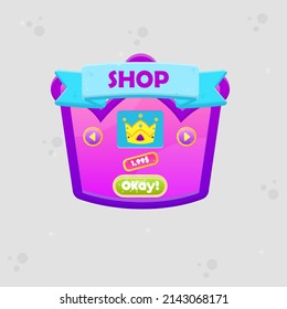Game UI Shop Crown Price Crown Icon Silhouette Window Pop Up With Button And Header Pink Purple Cute Cartoon  Vector Design