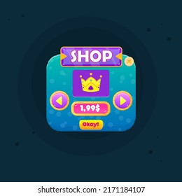 Game UI Shop  Crown Price Blue Turquoise Marine Sea Bubbles  Abstract Cute Cartoon Colorful Bright Pop Up Window Purple Gem Header Vector Design
