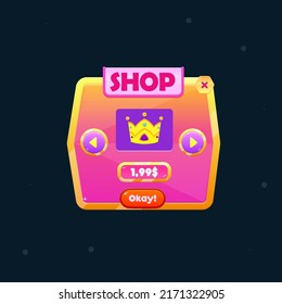 Game UI Shop Crown Price Pink Orange Golden Treasure  Abstract Cute Cartoon Colorful Bright Pink Header Red Button Pop Up Window Vector Design