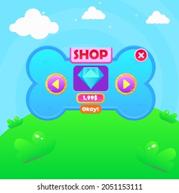 Game UI  Shop Diamond Price Window Pop Up Blue Dog Bone With Header And Buttons  Cute Cartoon  Pet Farm For Gasual Games  Blue Sky Grass Heaven Clouds  Nature Style Cute Colorful Cartoon Vector Design
