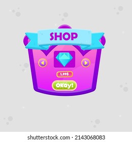 Game UI Shop Diamond Price Crown Icon Silhouette Window Pop Up With Button And Header Pink Purple Cute Cartoon  Vector Design
