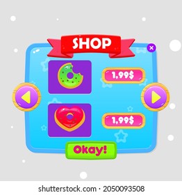 Ventana emergente de la interfaz de usuario de juego Doble Donuts Doble Precios Set Blue Sky Star Theme Borders With Headers Sweet Soft Cute Colorful Cartoon Vector Diseño