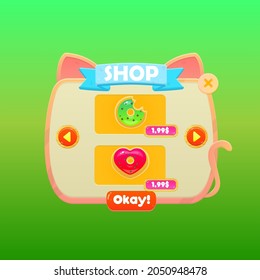 Game UI Shop Double Donuts Price Pop Up Window Buttons In Cartoon Cat Colorful Cute Style For Casual Games Vector Design