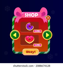Game UI Shop Double Donuts Price Pop Up Window Christmas Snowflakes Pattern Red And  Green Borders Bow Header Winter Holidays Style Cartoon Vector Design